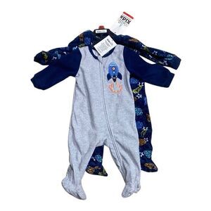 NWT 9M Space Rocket Ship Fleece Footie Pajamas 2-Pack Blue‎ Gray Baby Sleepers
